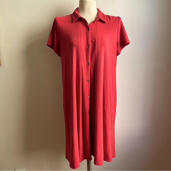 J. Jill Dresses & Skirts - J Jill Coral Red Shirt Dress Midi Pima Cotton Button Up Pockets Collar Medium